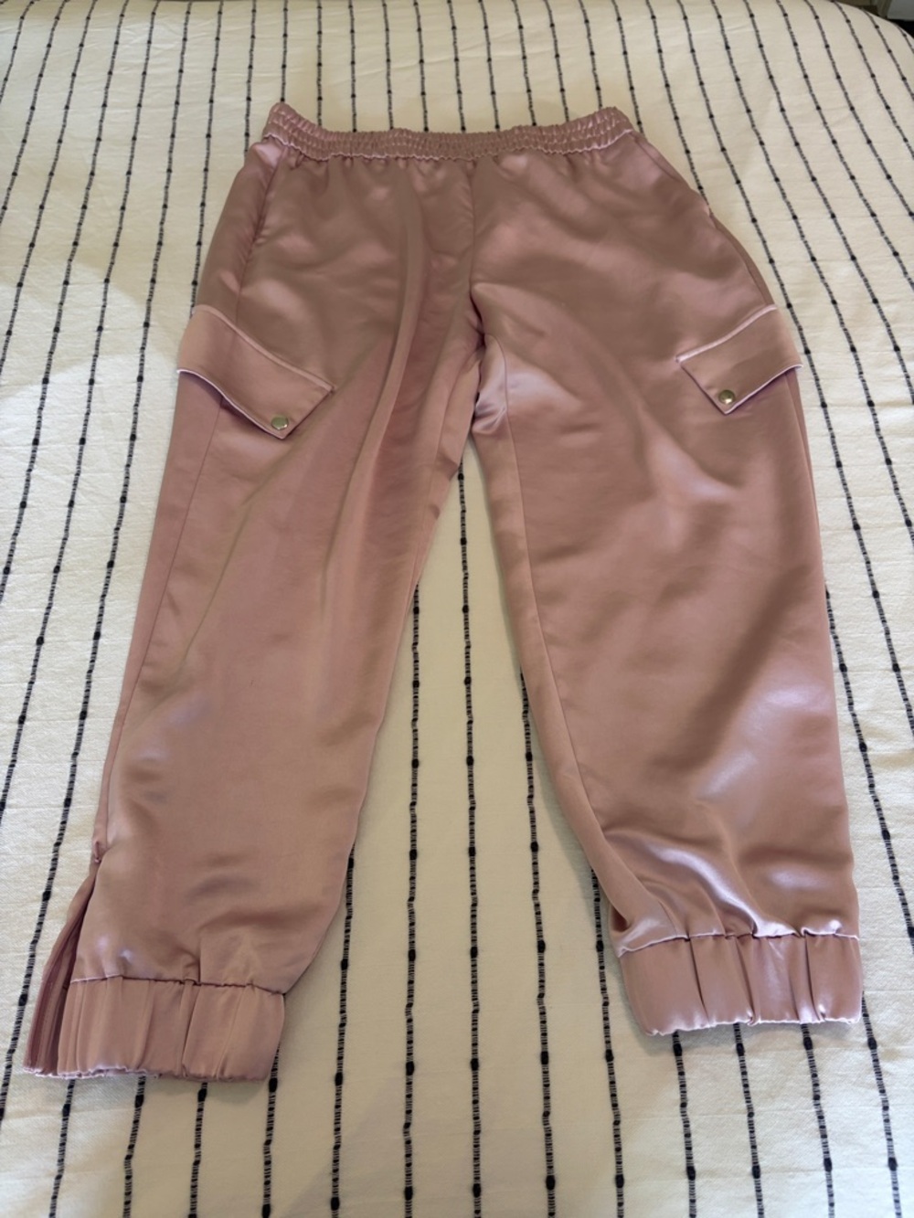 Express Conscious Edit Blush Pink Satin Track Pants zipper ankle has pockets